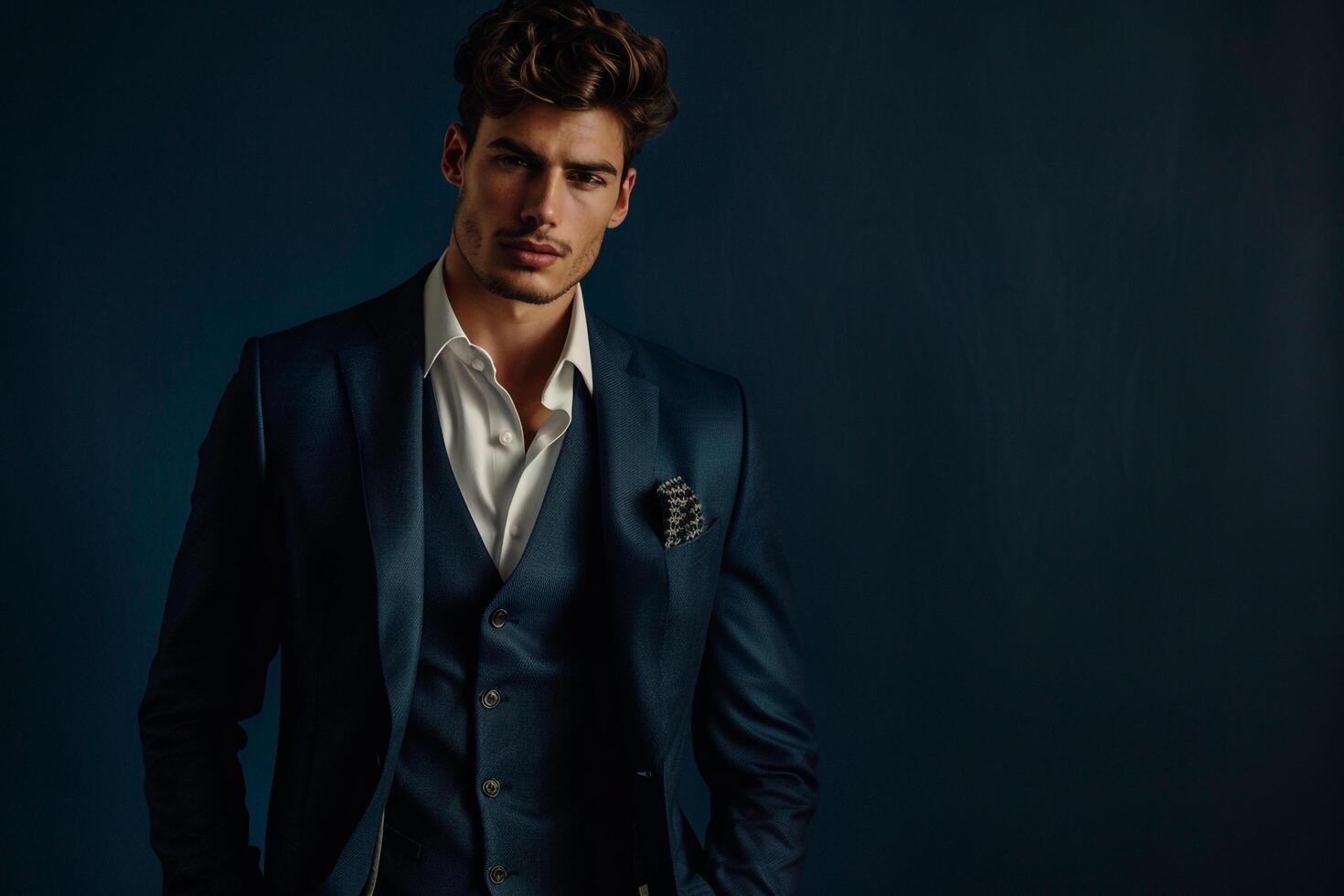 Classic Handsome Fashion Model in Deep Navy Costume Suit Males Lifestyle portrait with elegant and Timeless Background photo