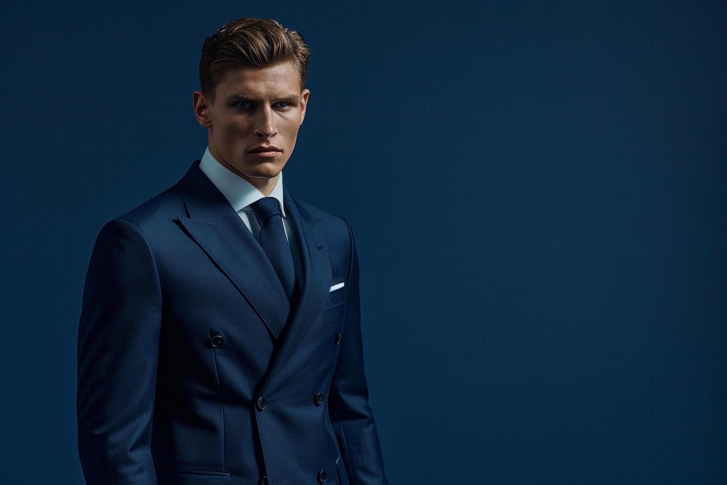 Timeless Handsome Fashion Model in Deep Navy Costume Suit Males Lifestyle portrait with Classic Background photo
