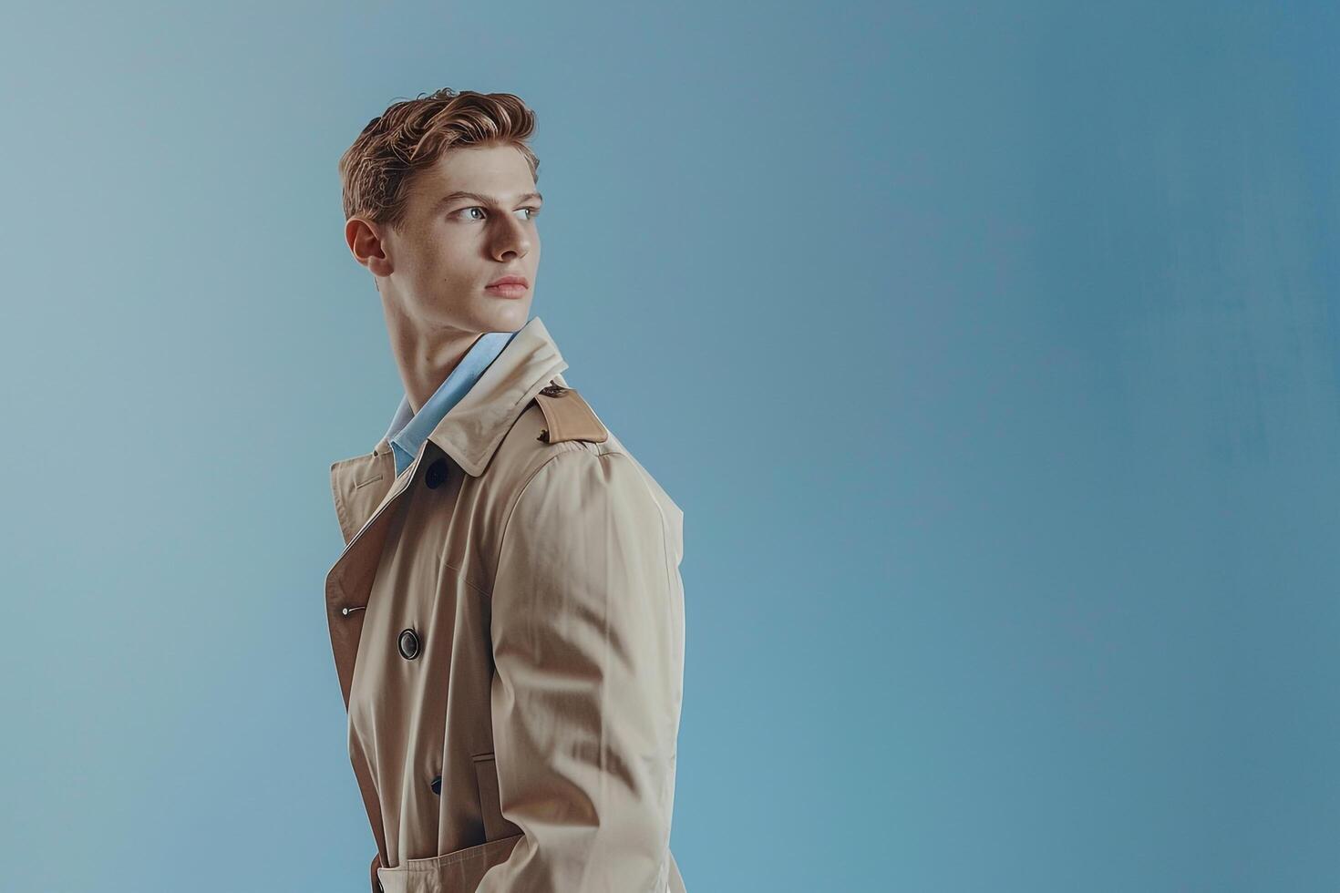 elegant Handsome Fashion Model in Light Blue Trench Coat Males Lifestyle portrait with Classic and Stylish Background photo
