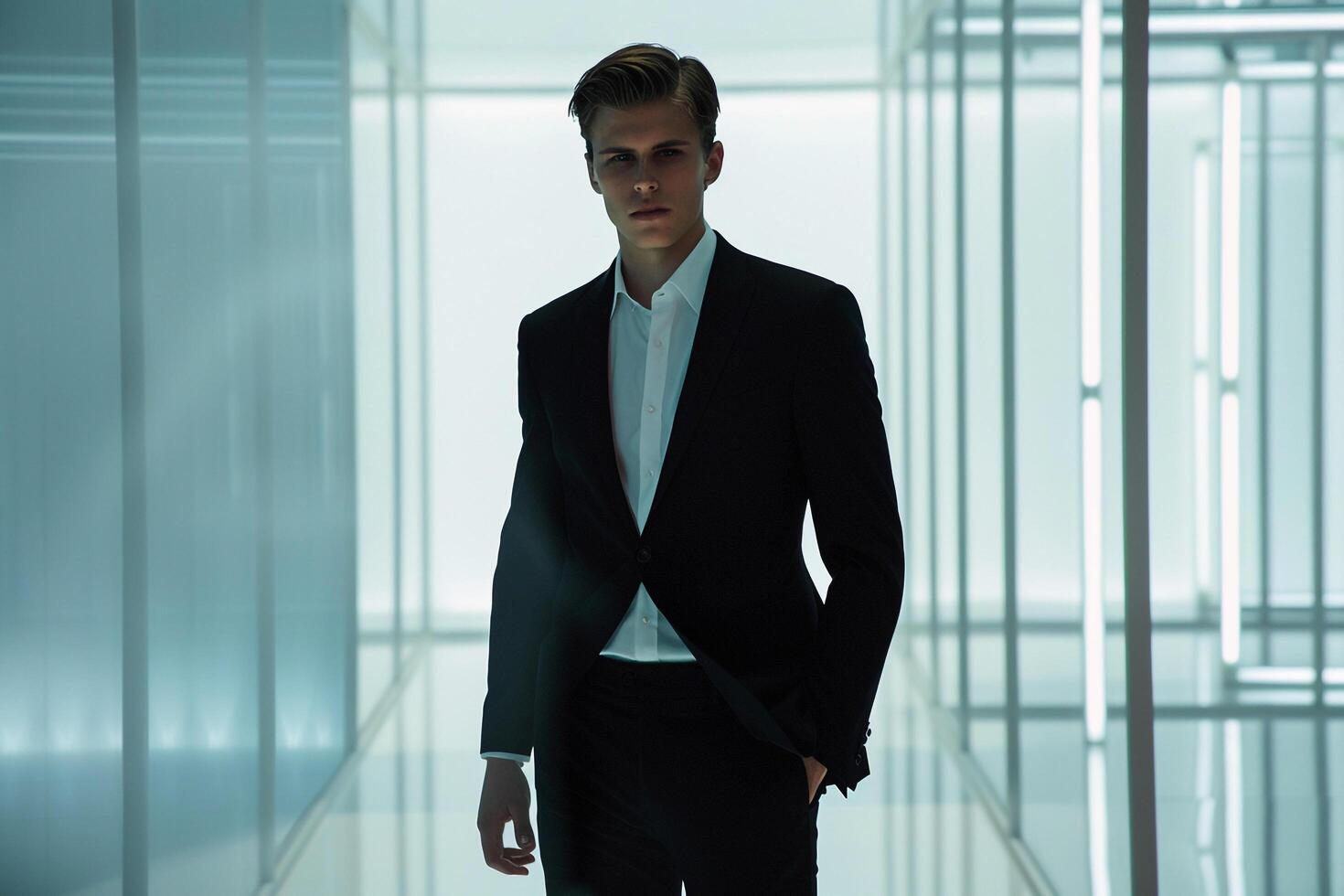 Trendy Handsome Fashion Model in Slim Fit Suit with Frosted Glass Males Lifestyle portrait with Modern and Sophisticated Background photo