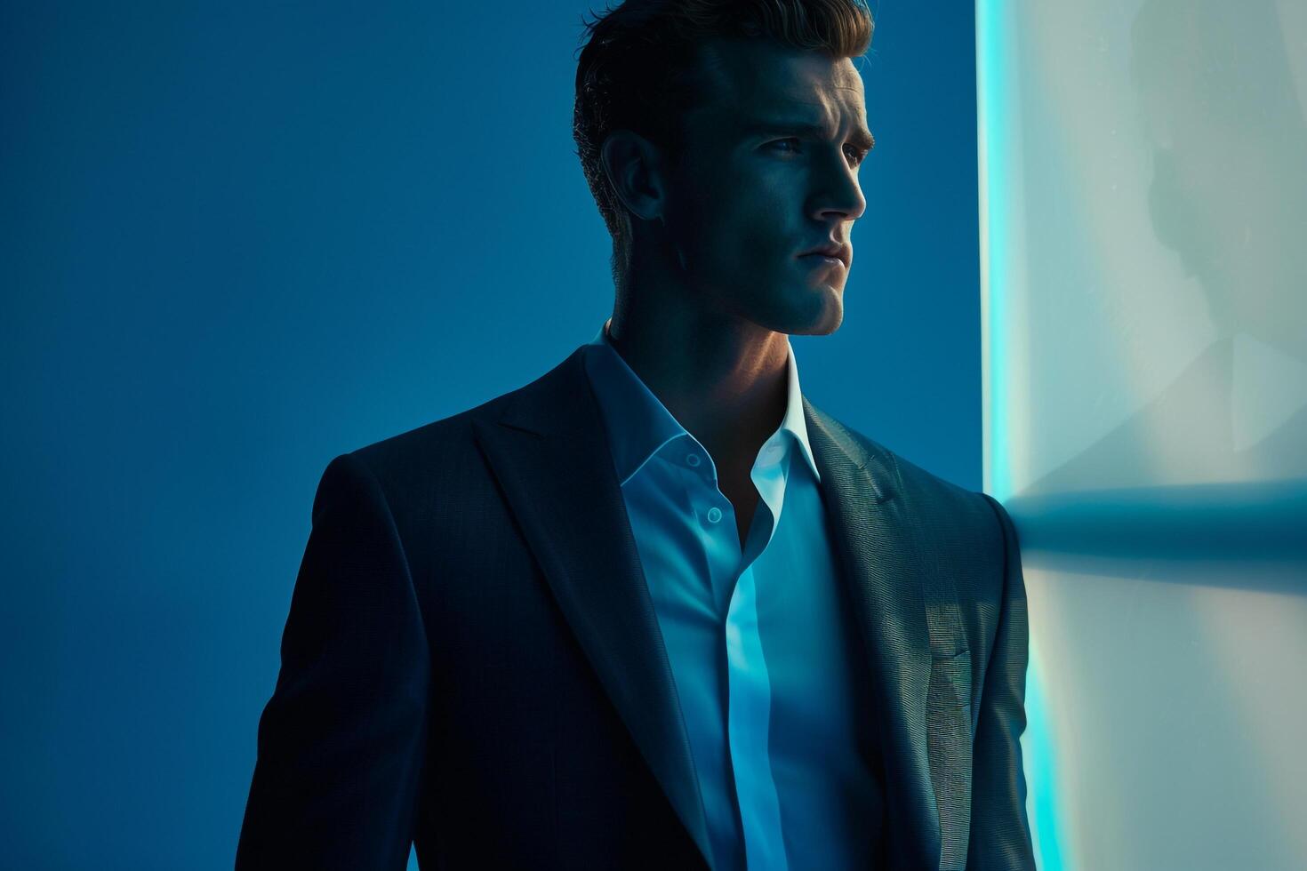 Handsome Fashion Model in Slim Fit Suit with Frosted Glass Sophisticated Males Lifestyle portrait with Modern Background photo