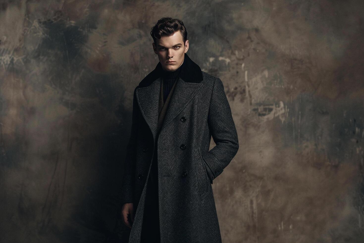 elegant Handsome Fashion Model in Wool Overcoat with Stone Gray Costume Trendy Males Lifestyle portrait with Fashionable Background photo