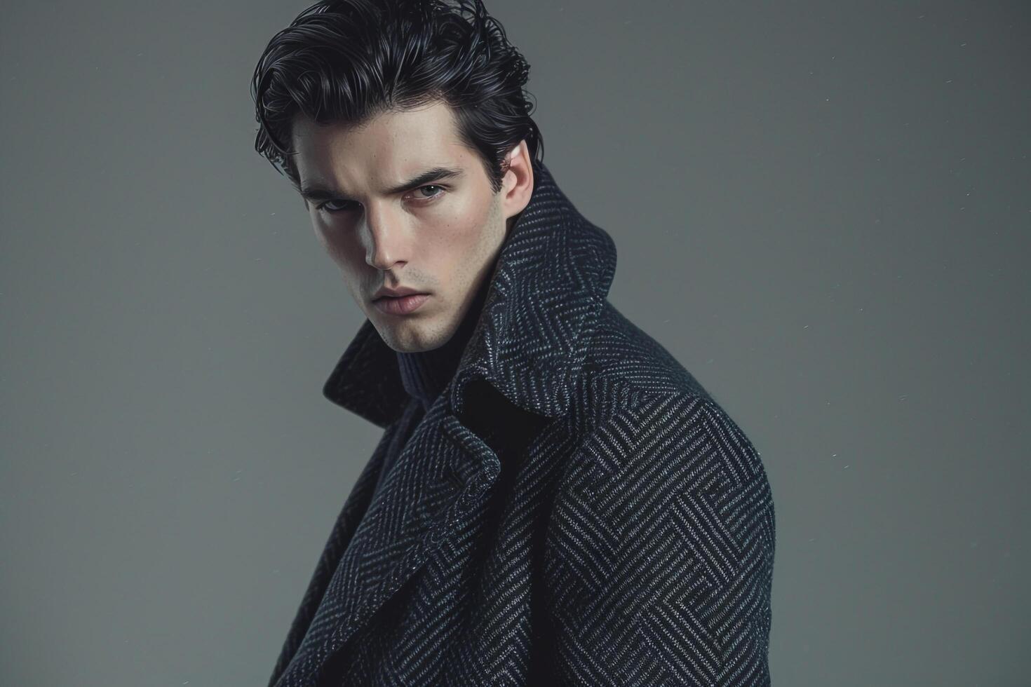 Handsome Fashion Model in Classic Overcoat with Grey Touches Males Lifestyle portrait with Stylish Background photo