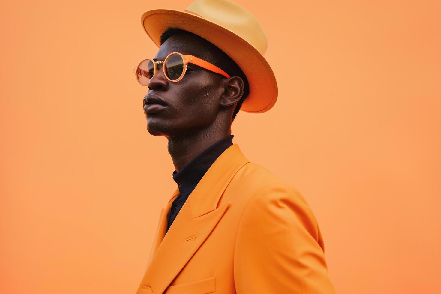 elegant Handsome Model in Tangerine Suit with Oversized Accessories Males Lifestyle portrait with Fashionable Background photo