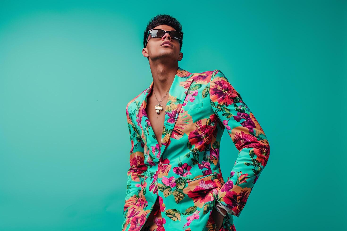 Handsome Male Model in Mint Green Suit Modern Lifestyle portrait Featuring Trendy Fashion and Stylish Contemporary Appeal photo