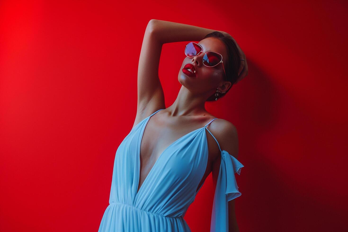 elegant Ice Blue Gown on Male Model Chic Glasses and Contemporary Lifestyle portrait Featuring Trendy Fashion photo