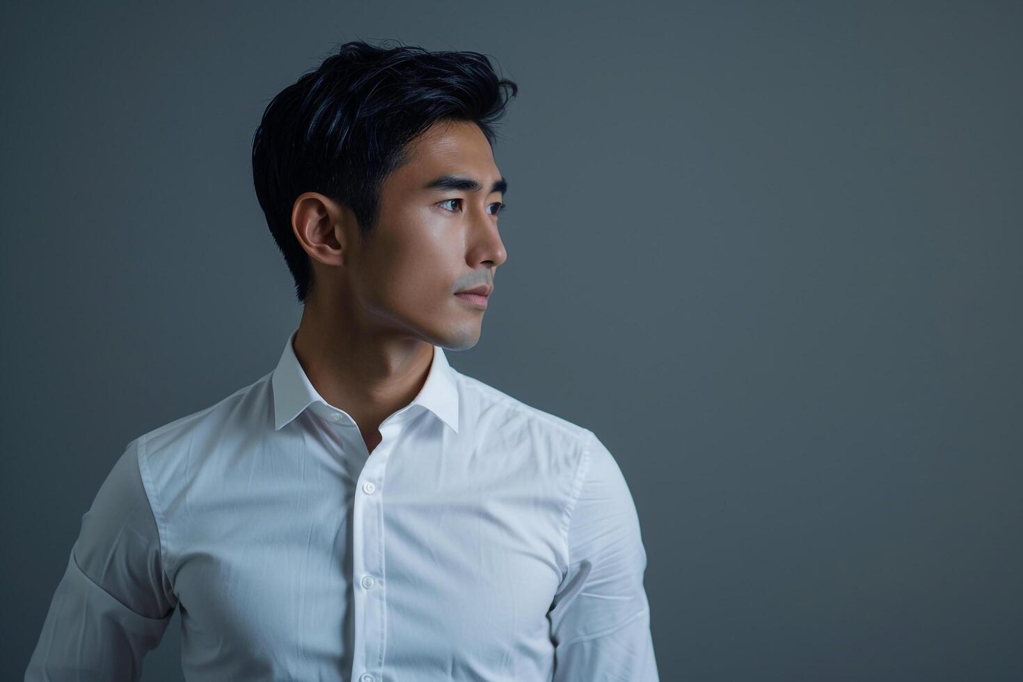 elegant Fashion Model in Simple White Shirt with Soft Grey Background Modern Male Dress portrait Featuring Clean Fashion and Lifestyle Aesthetic photo
