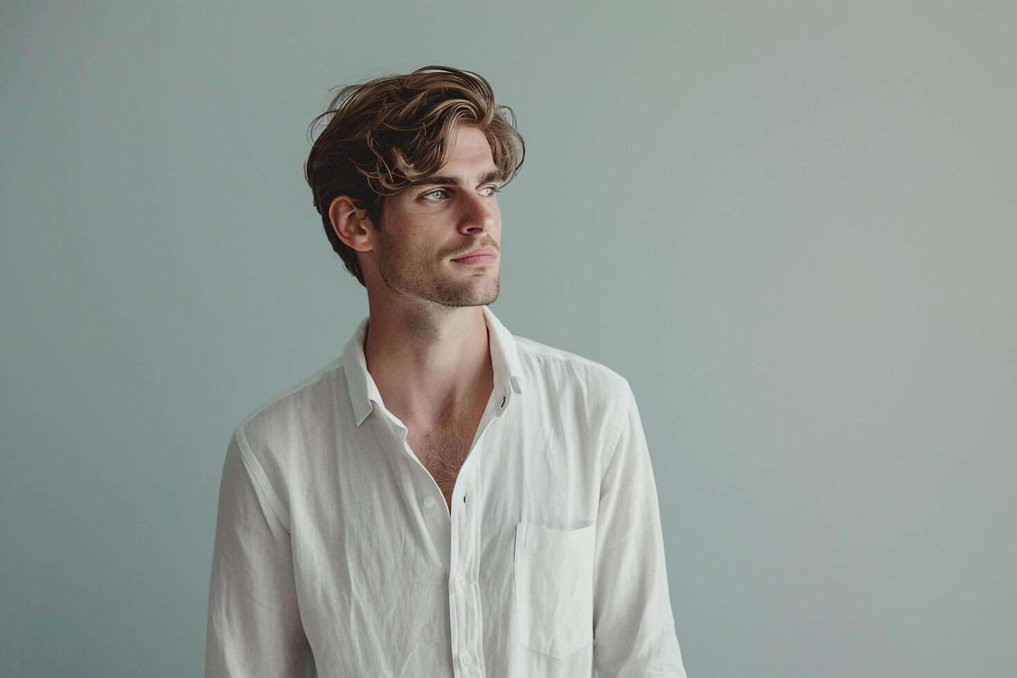 Fashionable white shirt portrait Model with a soft grey background showcasing a minimalist approach and high fashion style photo