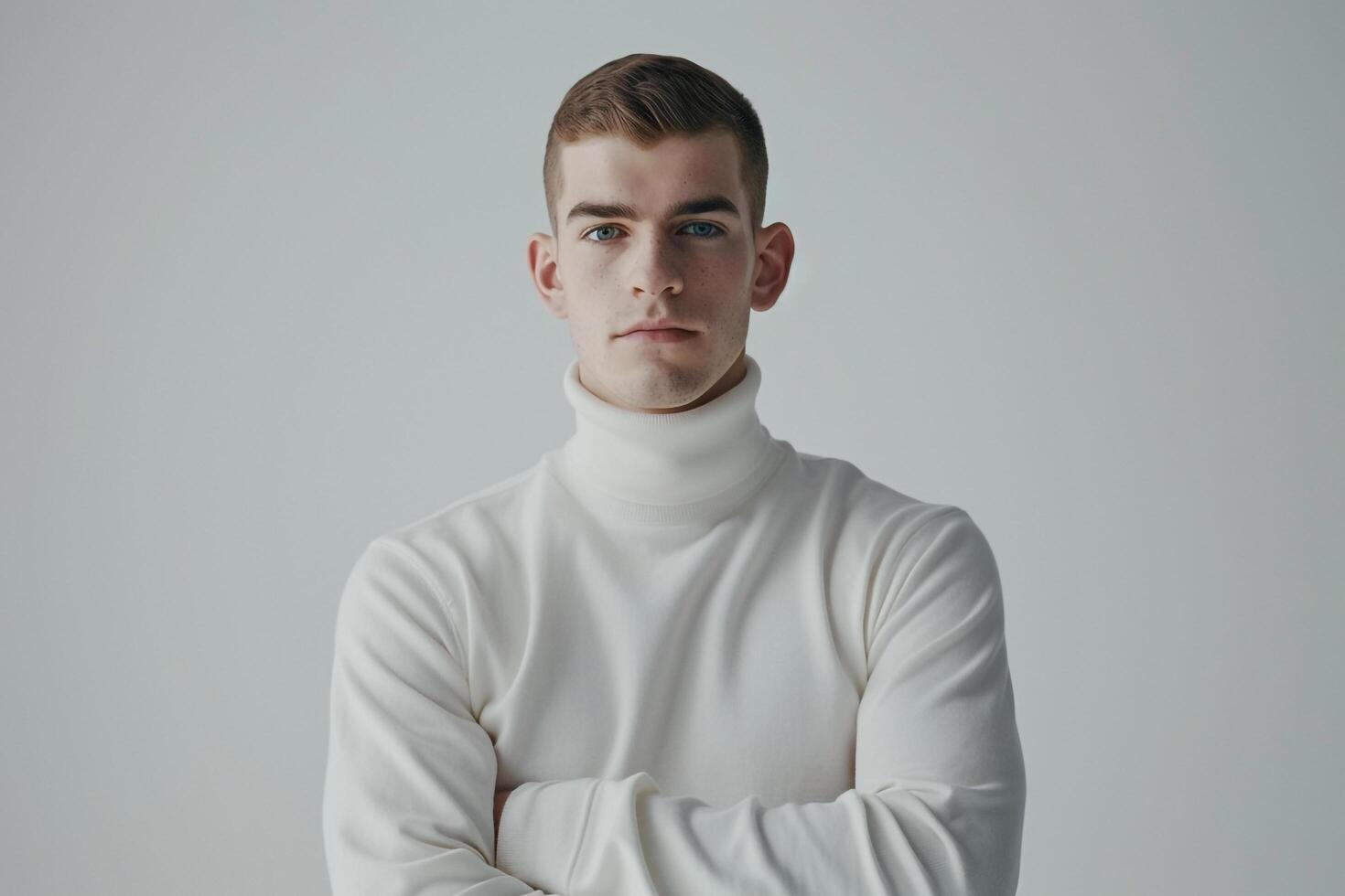 Chic white turtleneck Fashion model against a pure white backdrop presenting a stylish costume and high fashion portrait photo