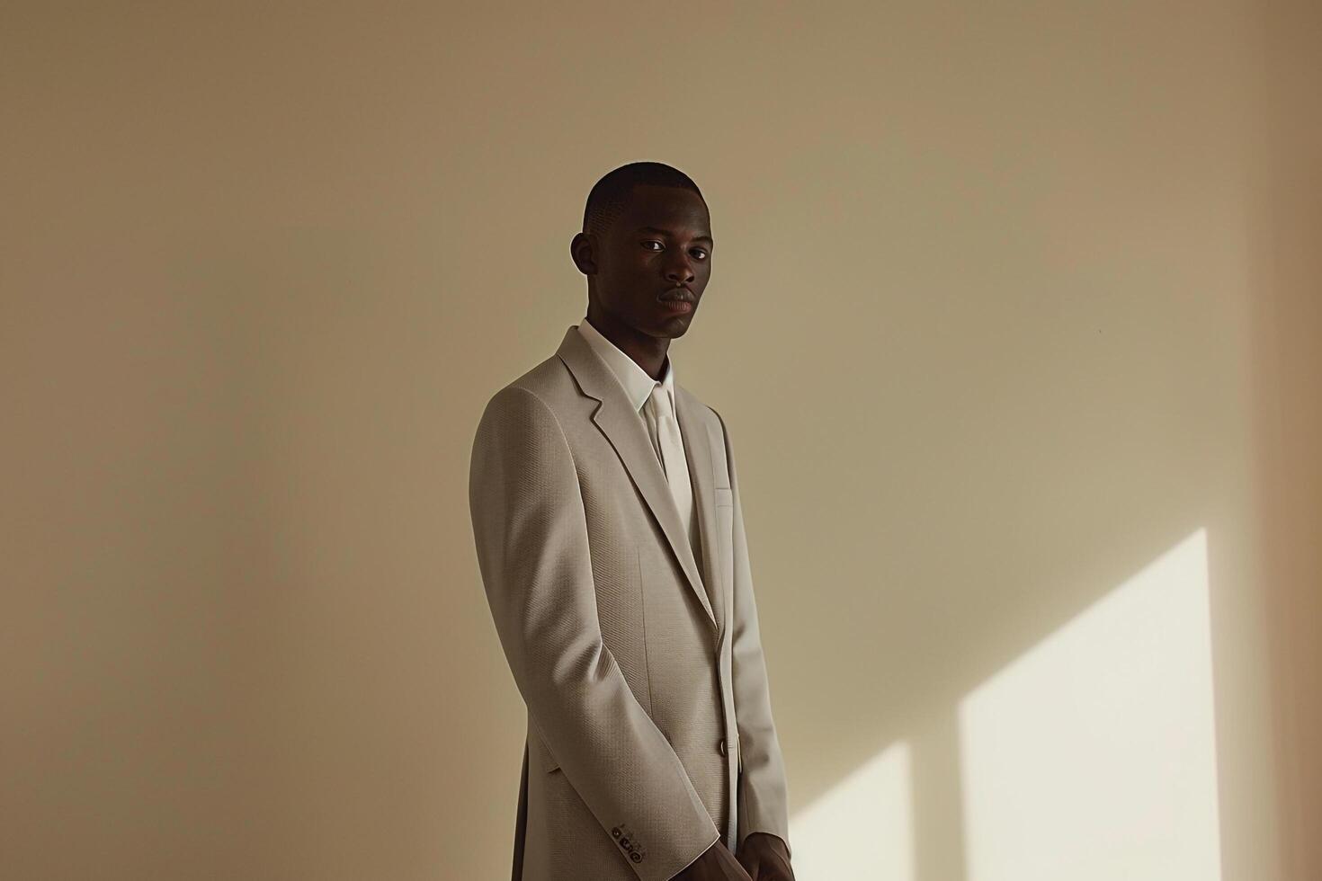 Light grey suit elegance Costume fashion model with a soft beige backdrop showcasing a chic and stylish high fashion look photo