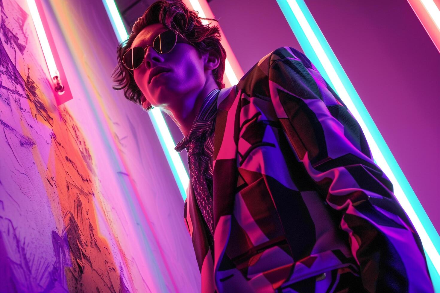 Trendy futuristic suit Model with neon lights capturing a stylish and high fashion portrait with a contemporary twist photo