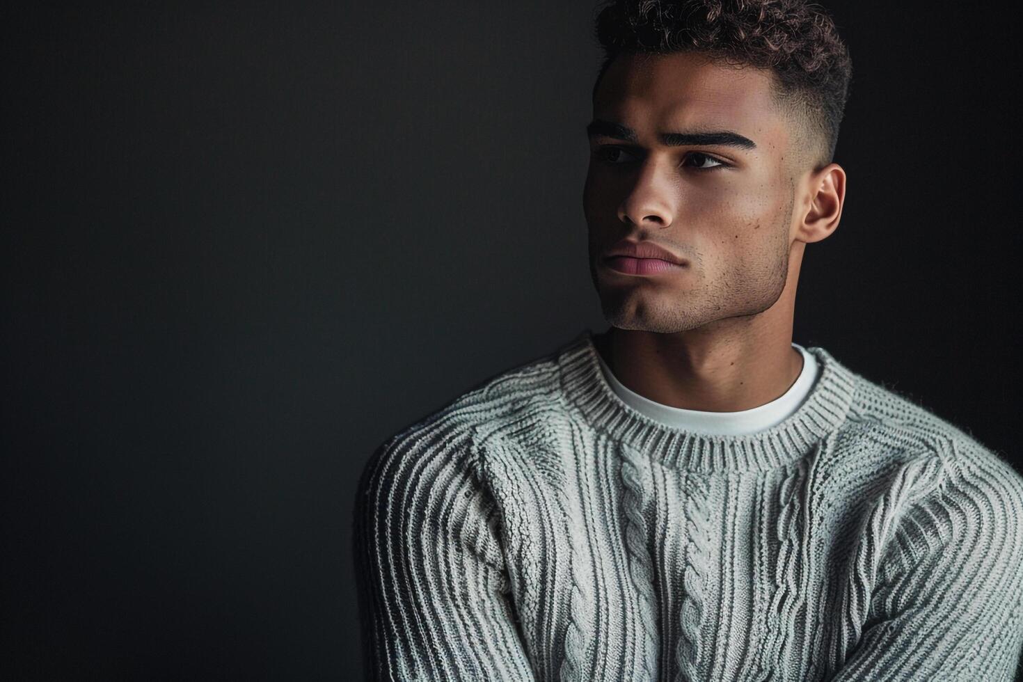 Trendy sweater in deep charcoal Fashion model presenting a chic and contemporary high fashion portrait photo
