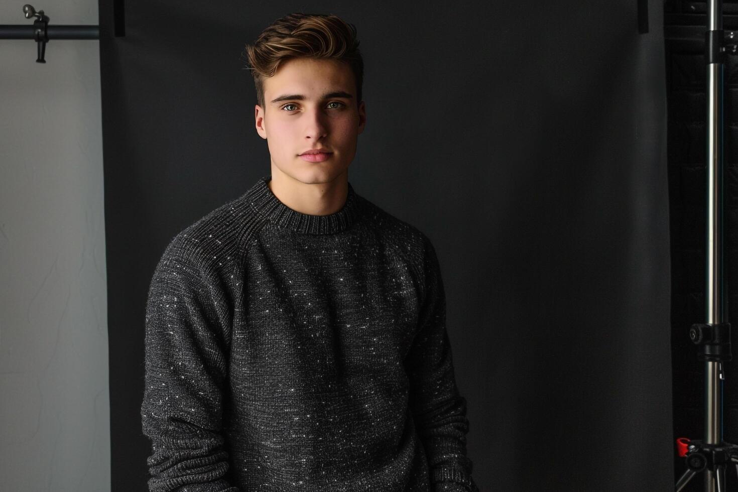 Stylish deep charcoal sweater Model featuring a high fashion and costume portrait with a chic appearance photo