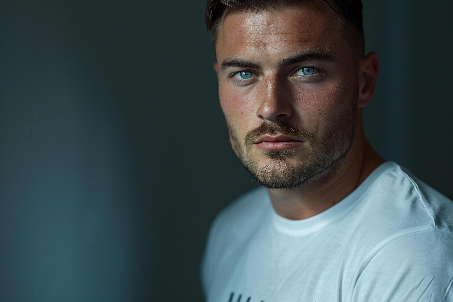 Handsome Fashion Model in a T shirt with aslate grey Lifestyle Males portrait Fashion Male Background presenting a stylish and costume portrait in the male dress photo