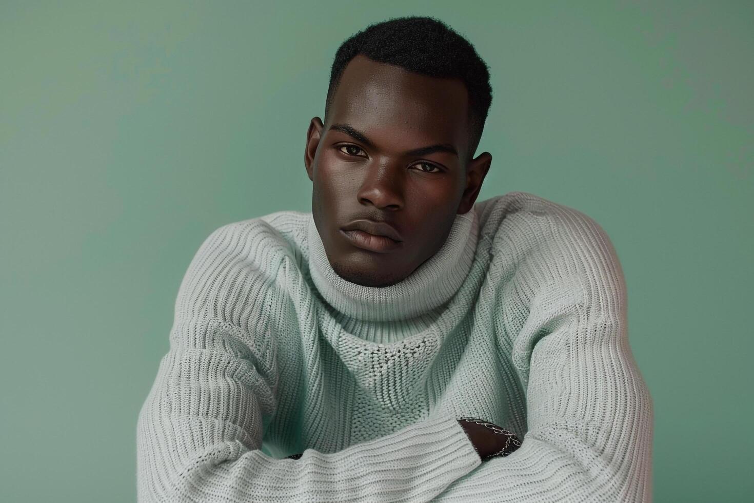 Handsome Fashion Model in a pullover with apale green Lifestyle Males portrait Fashion Male Background presenting a chic and contemporary portrait in the male dress photo