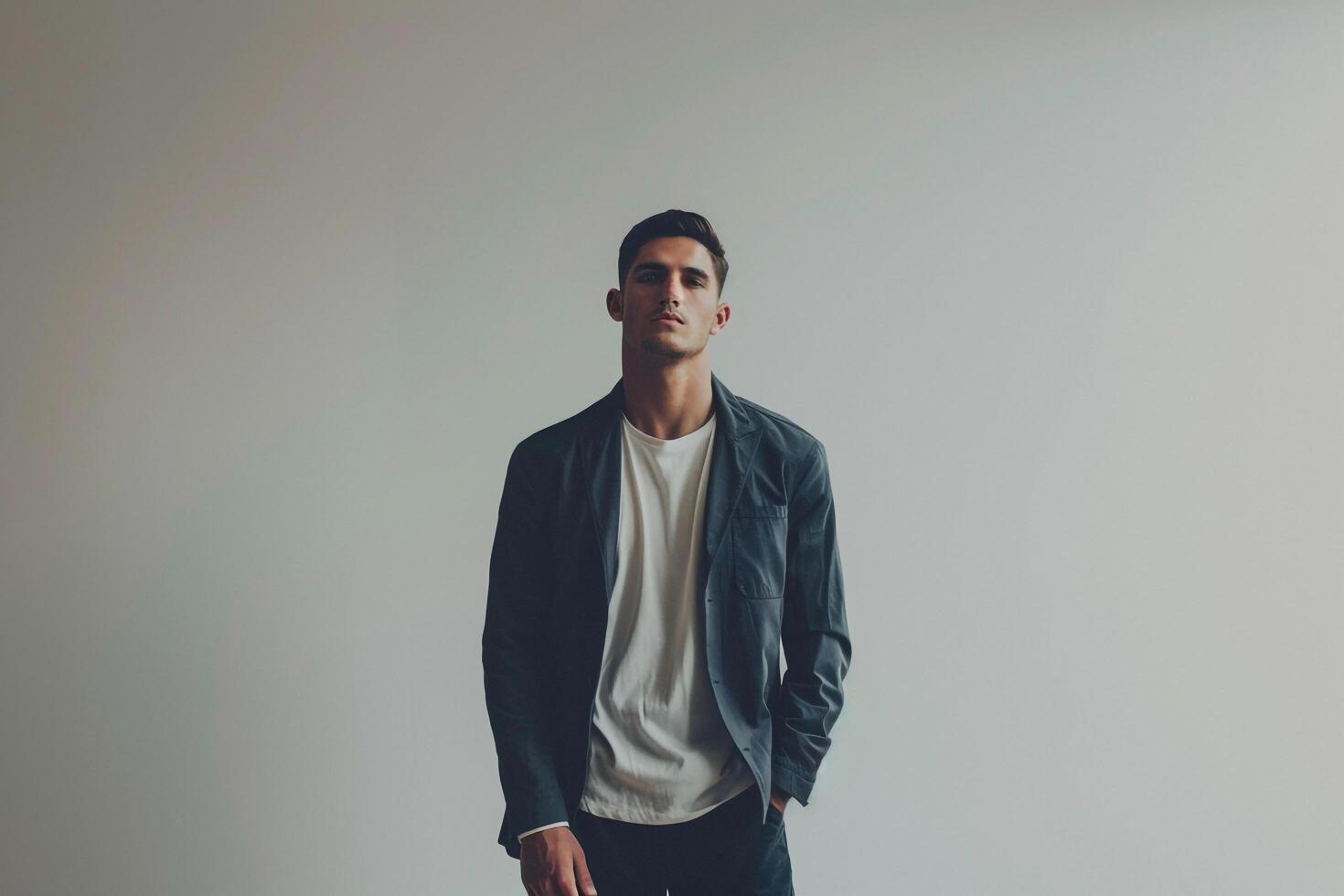 Stylish male model in a crisp white blazer delivering a modern and sophisticated high fashion portrait with a chic lifestyle background photo