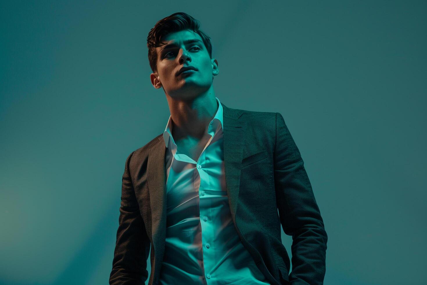Trendy fashion model in a tailored deep teal blazer delivering a sophisticated high fashion portrait with a chic lifestyle background photo