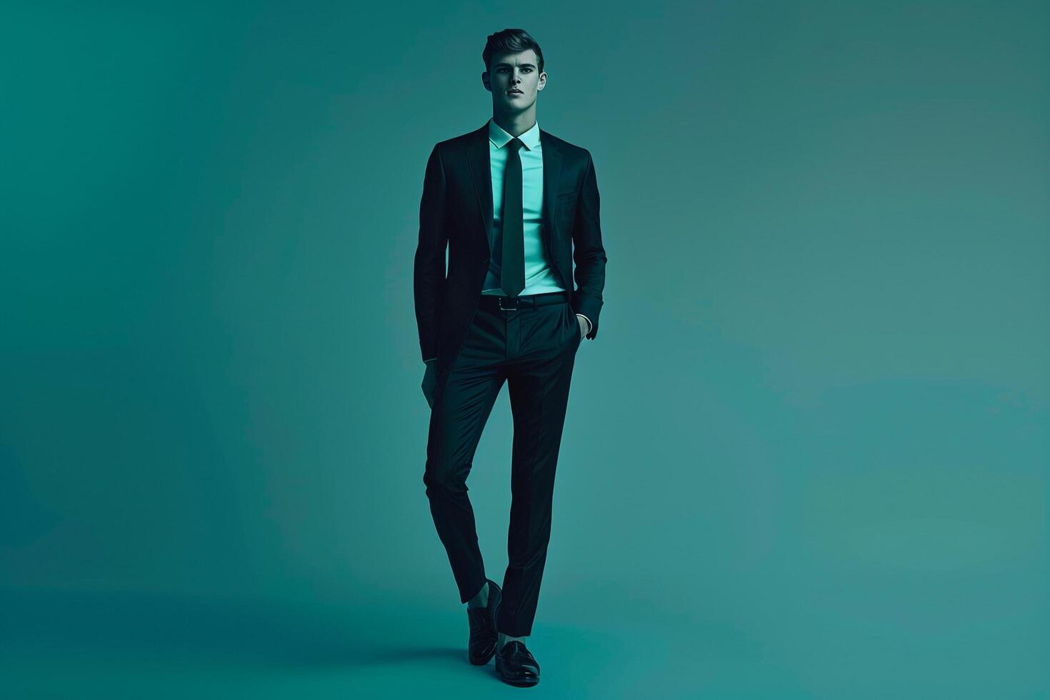 Handsome male model in a stylish deep teal suit showcasing a contemporary and high fashion portrait with a chic lifestyle background photo