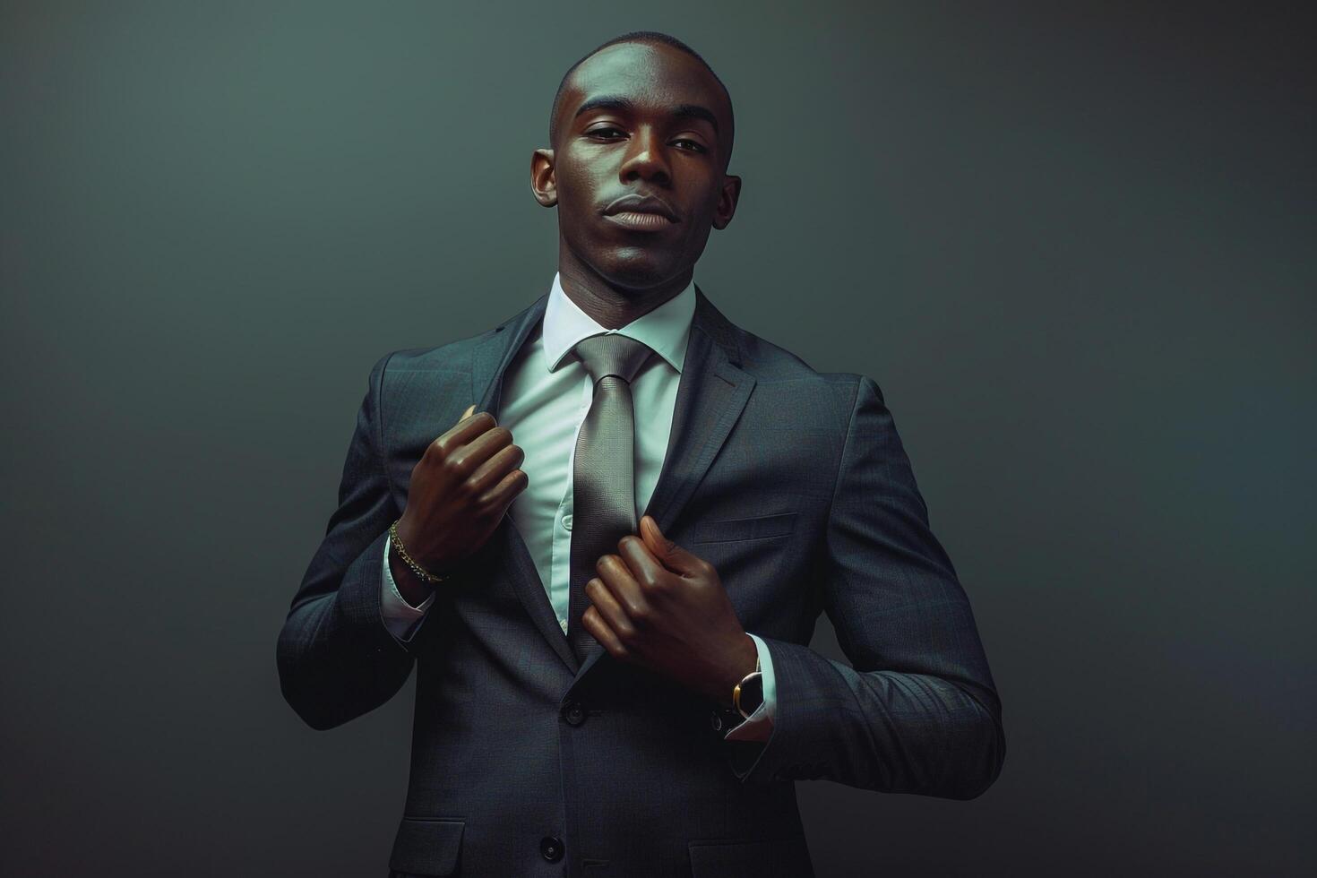 Trendy male model in a slim fit dark grey suit delivering a stylish high fashion portrait with a modern and sophisticated lifestyle backdrop photo