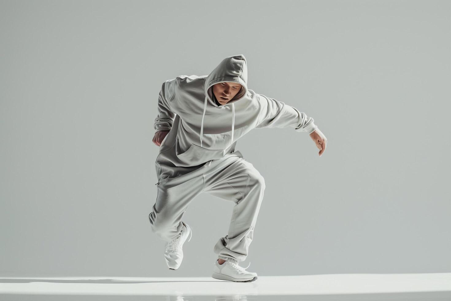 Trendy male model in a futuristic white tracksuit delivering a chic high fashion portrait with a contemporary lifestyle backdrop photo
