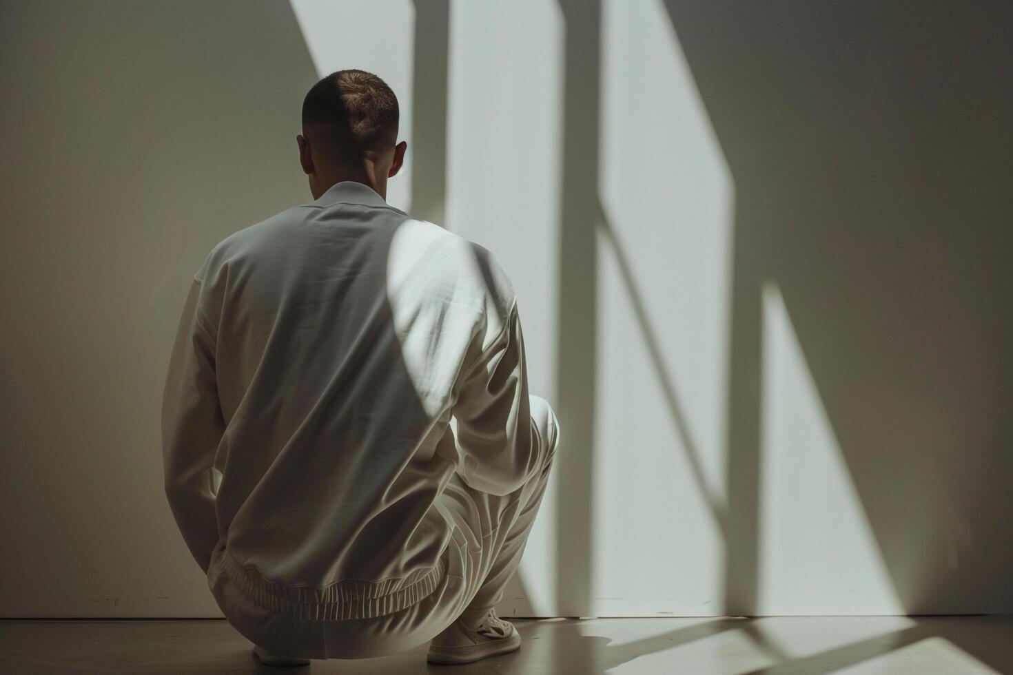 Trendy male model in a futuristic white tracksuit delivering a stylish high fashion portrait with a modern lifestyle backdrop photo