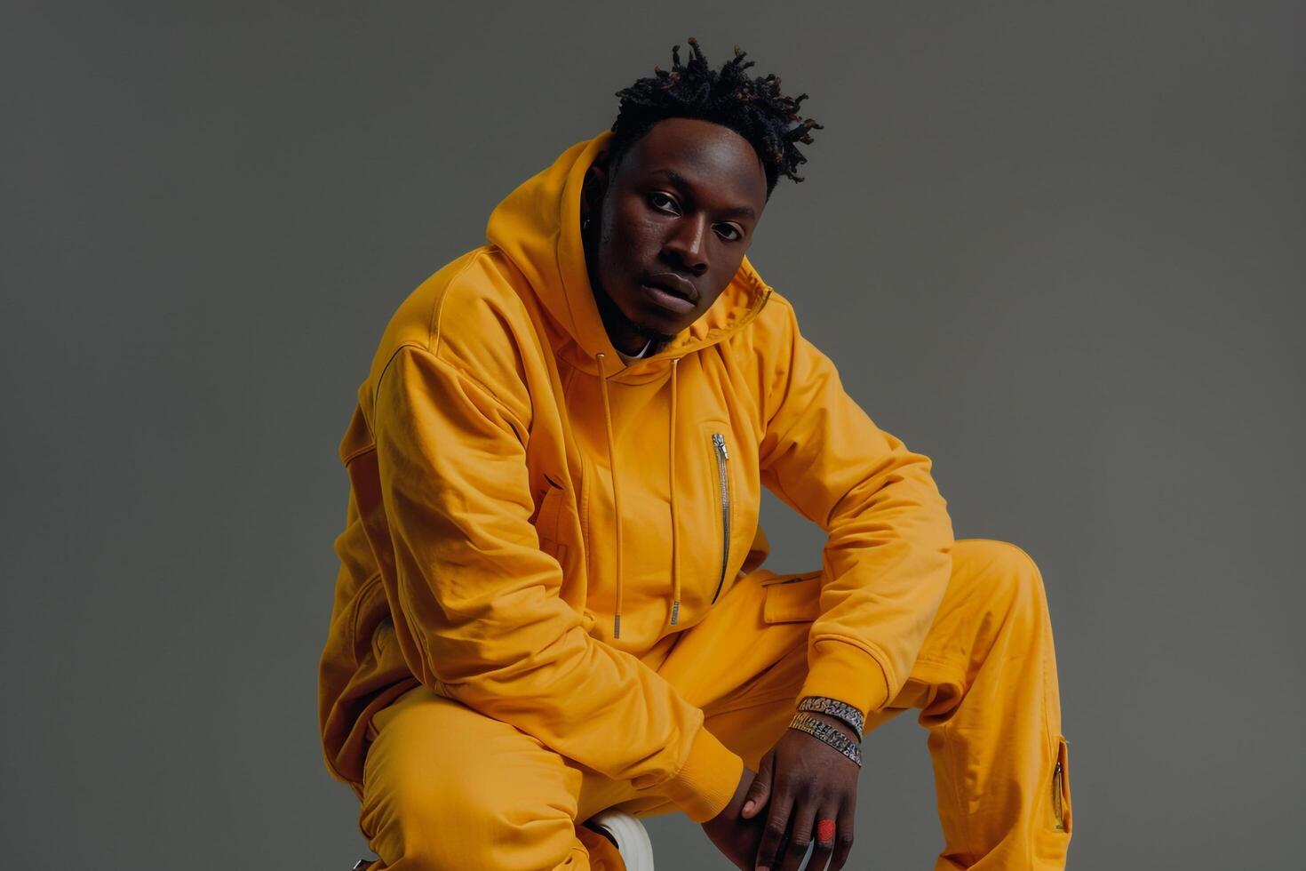 Handsome fashion model in an athletic tracksuit with an urban gray backdrop presenting a stylish high fashion portrait with a modern lifestyle background photo