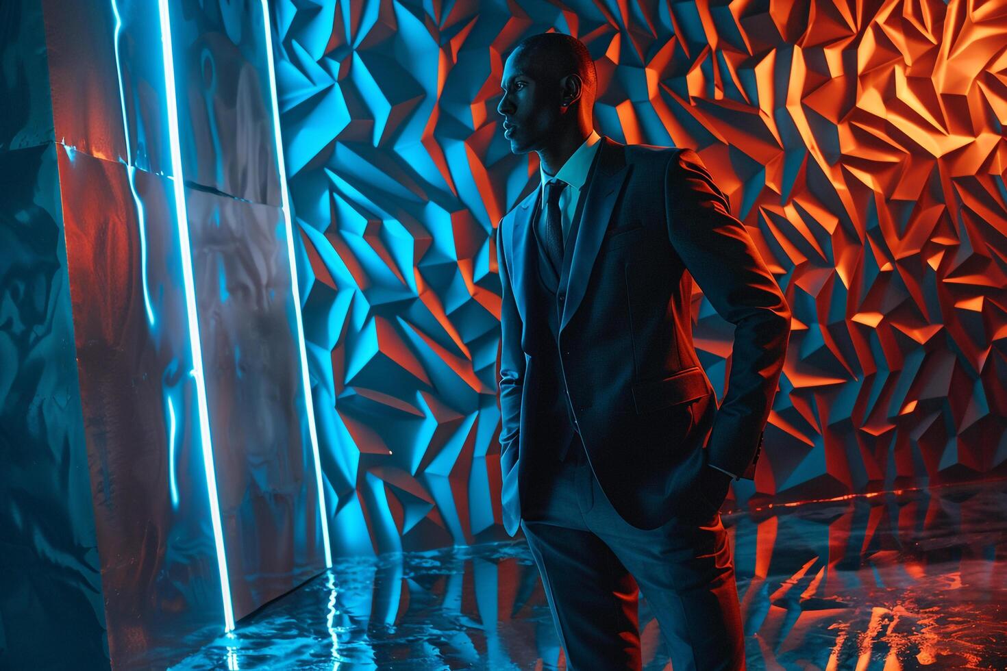 Trendy Suit Male Model in Futuristic Metal Background Handsome Fashion portrait with Stylish Lifestyle Touches photo