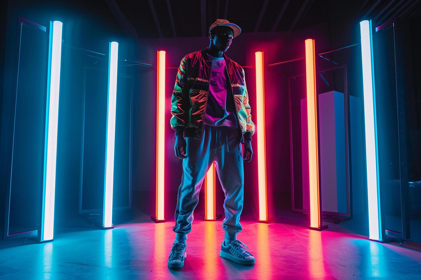 Trendy Joggers and Jacket Model in Neon Lights Handsome Fashion portrait with Modern Lifestyle eleMalets photo