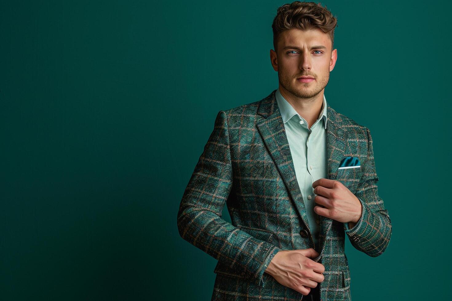 Stylish Slim Fit Blazer Model in emerald Green Handsome Male portrait with Trendy Fashion and Modern Lifestyle eleMalets photo