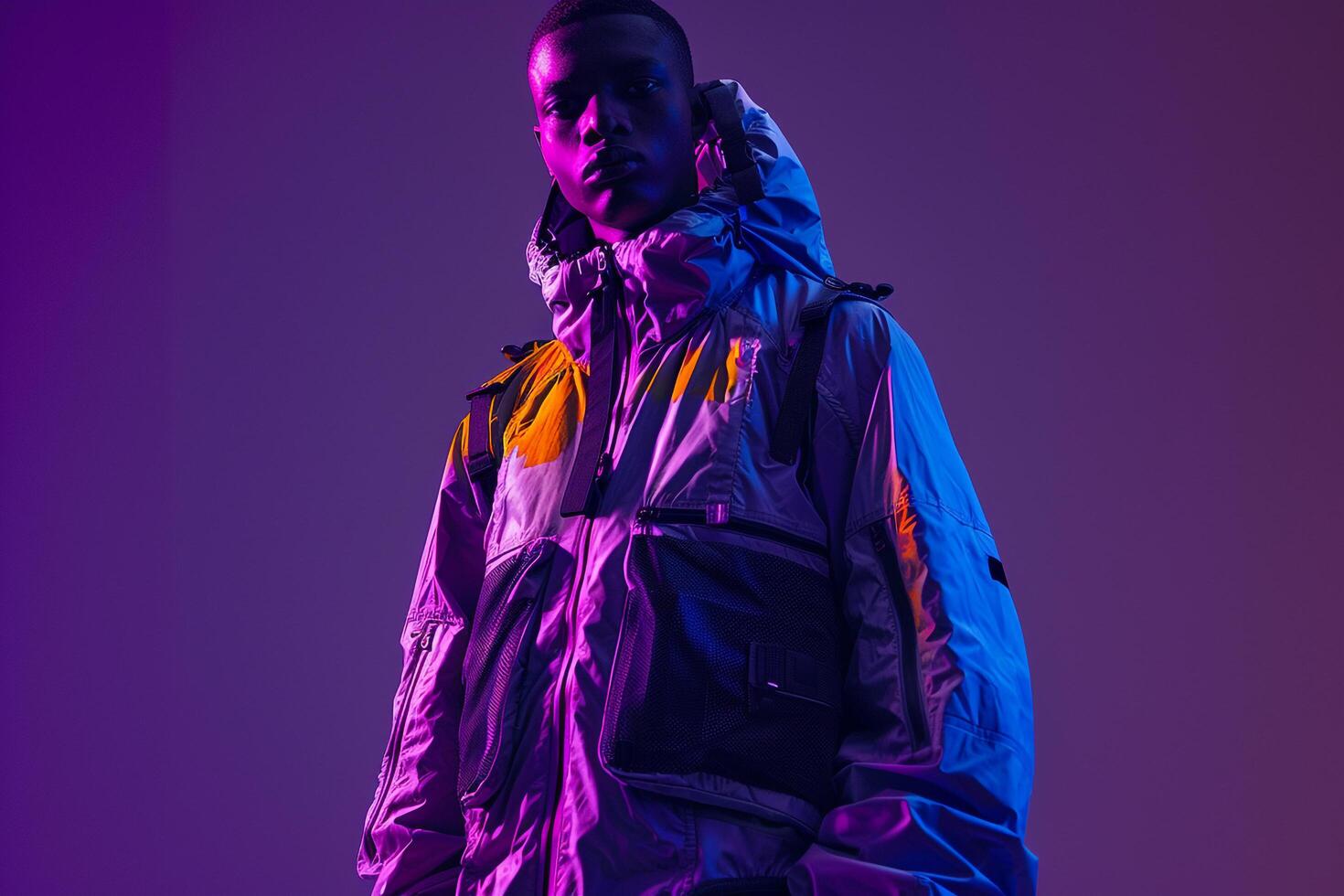 Trendy Clothwear Jacket Model in Neon purple Handsome Male portrait with Stylish Modern Lifestyle photo