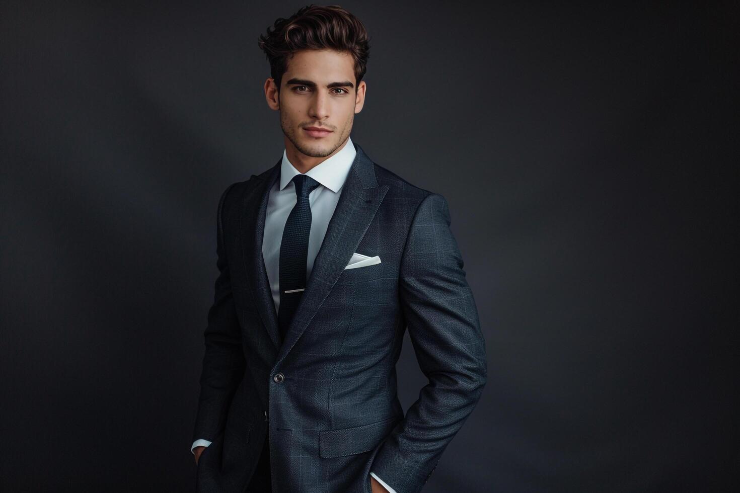 Fashionable Male in Charcoal Slim Fit Suit Trendy portrait Featuring Modern Lifestyle and Stylish Fashion eleMalets photo
