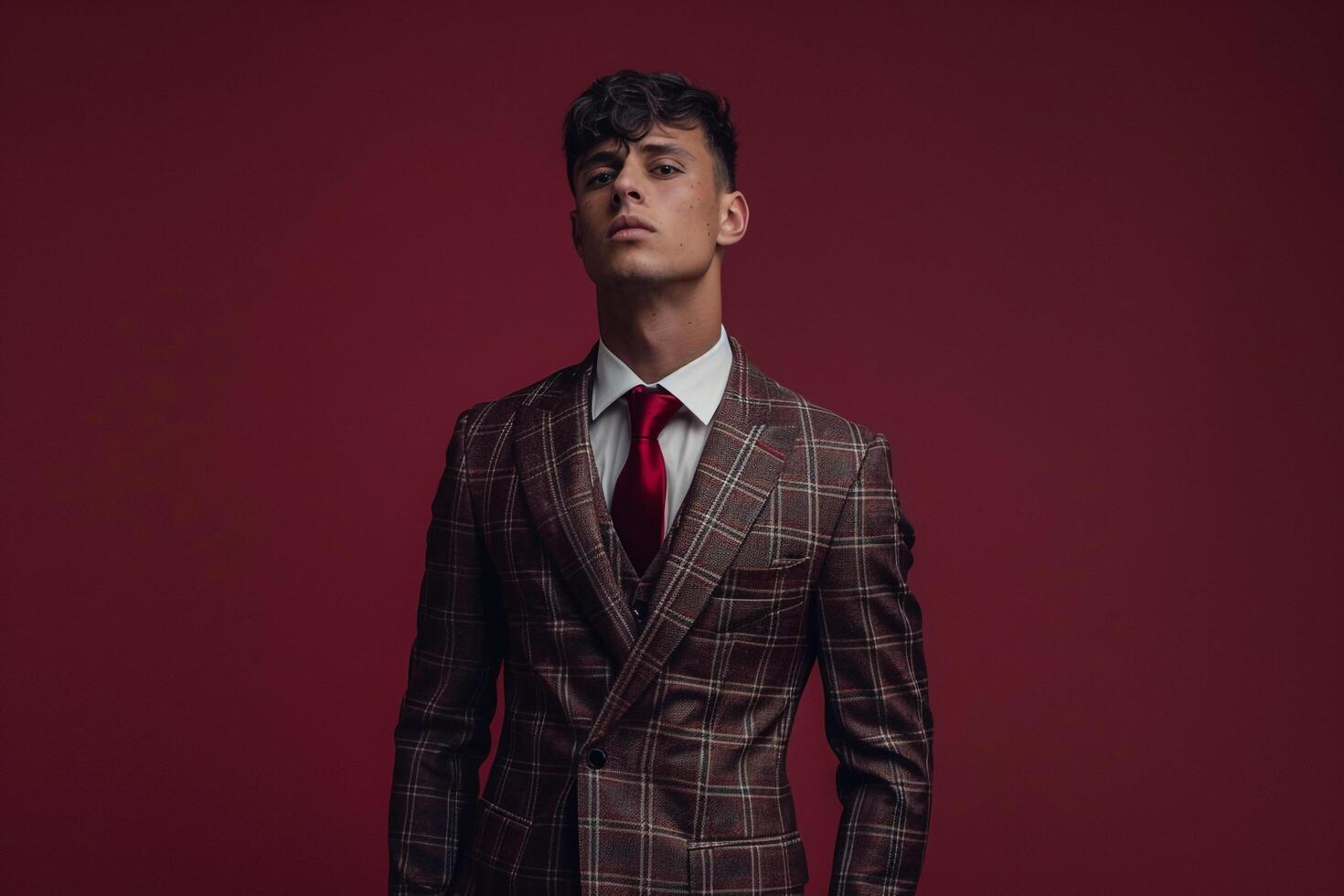 Handsome Fashion Model in Burgundy Suit Stylish portrait with Fashionable Lifestyle Background perfect for Classic Fashion Features photo