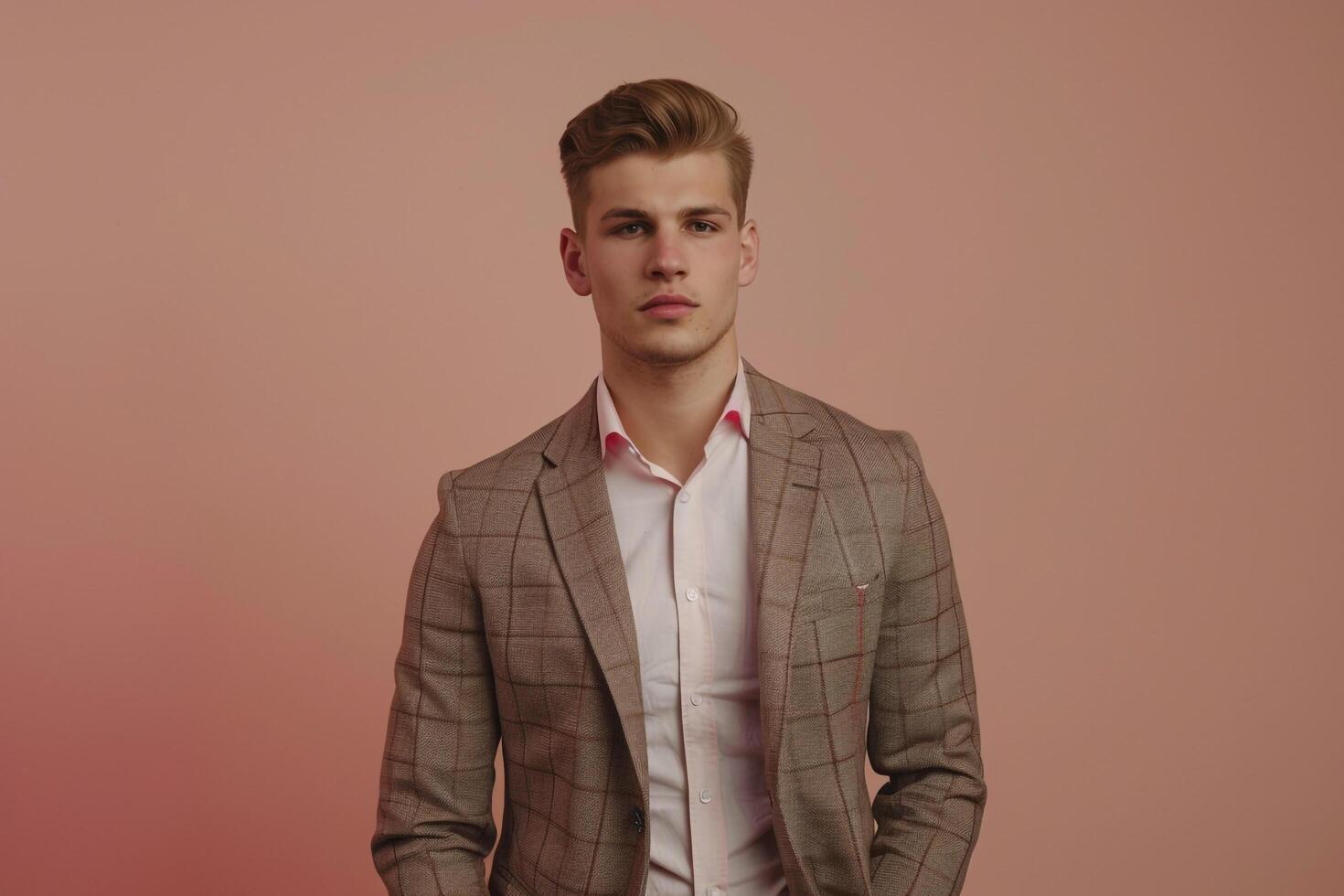 Stylish Male Fashion Model in Taupe Blazer elegant portrait with Trendy Lifestyle Background Ideal for Modern Fashion Showcases photo