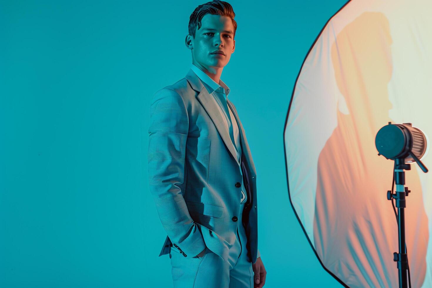 elegant Fashion Model in Light Aqua Suit Classic Male portrait with Trendy Lifestyle Background Ideal for High end Fashion Showcases photo