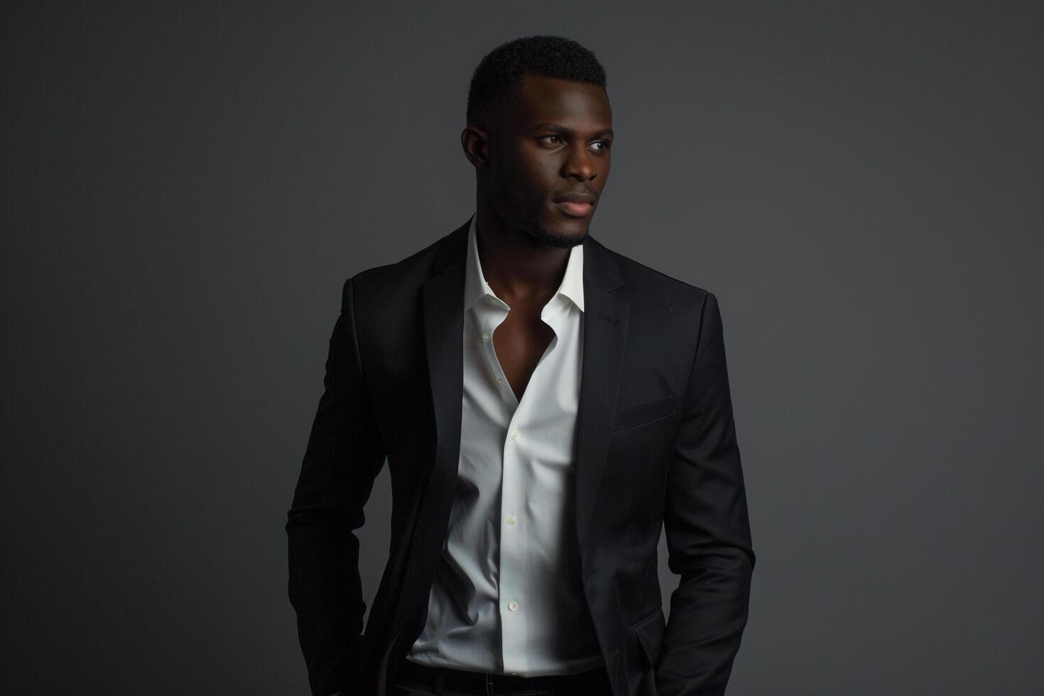 Trendy Fashion Model in Slim Fit Charcoal Grey Blazer Handsome portrait with elegant Lifestyle Background Ideal for Fashion Industry Showcases photo