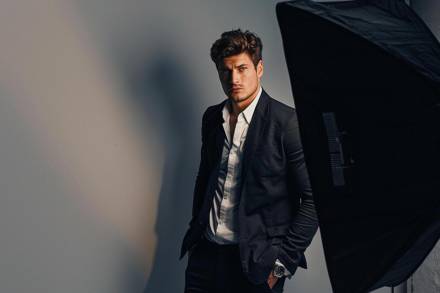 Trendy Fashion Model in Slim Fit Charcoal Grey Blazer Handsome portrait with elegant Lifestyle Background Ideal for professional Fashion Campaigns photo