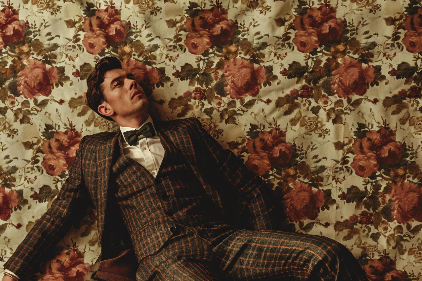 Fashion Model in Vintage Suit Old Fashioned Wallpaper Lifestyle Classic Male portrait Timeless and Retro Fashion Appeal photo