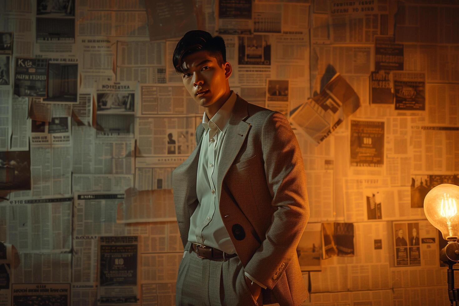 Handsome Fashion Model in Vintage Blazer Old Newspaper Background Classic Male portrait Stylish and Retro Fashion Look photo