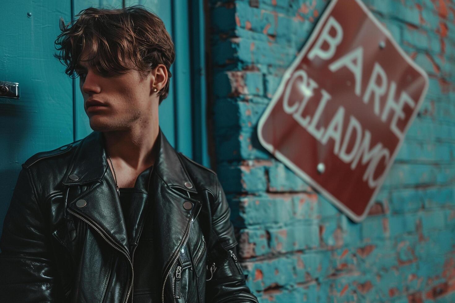 elegant Fashion Look Vintage leather Jacket Fashion Model Classic American Road Sign Lifestyle Trendy Male portrait photo