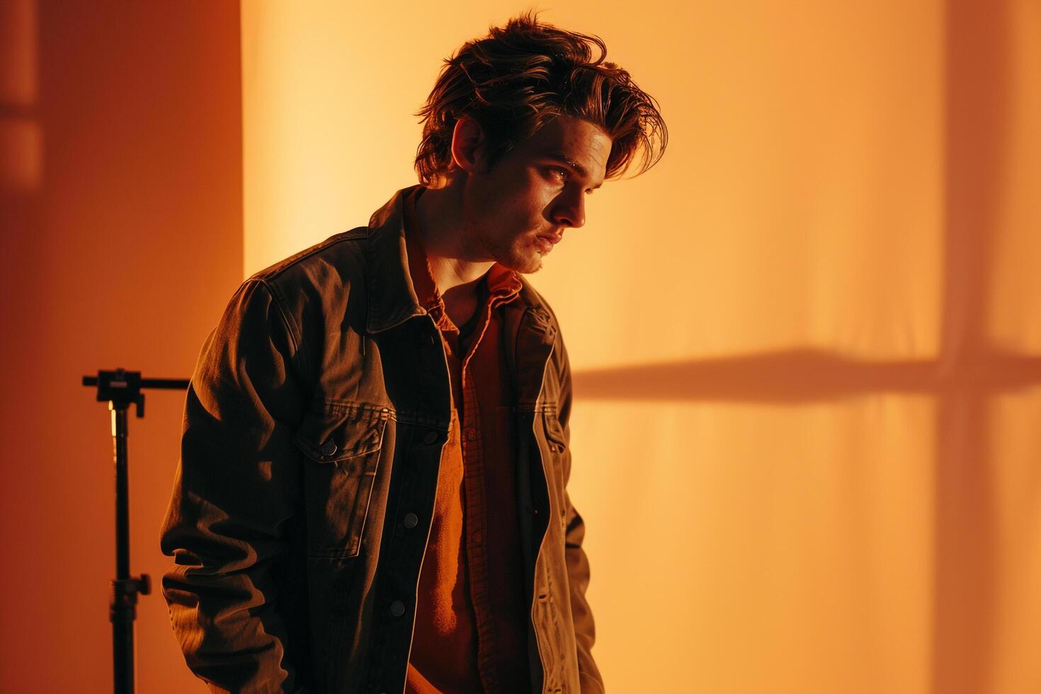 Stylish Male Background Vintage Jacket Fashion Model Light Apricot Lifestyle Setting Trendy Fashion Look photo