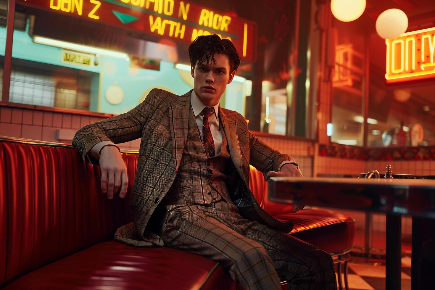 Classic Fashion Look Vintage Suit Fashion Model Retro Diner Lifestyle Setting Stylish Male portrait photo