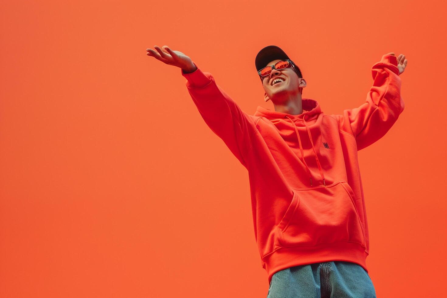 Trendy Fashion Look Hoodie Fashion Model Bright Coral Lifestyle Setting Trendy Male portrait photo