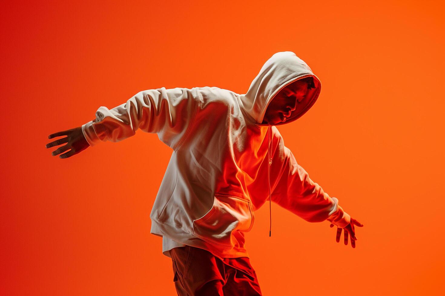 Trendy Fashion Look Hoodie Fashion Model Bright Orange Lifestyle Setting Stylish Male Background photo