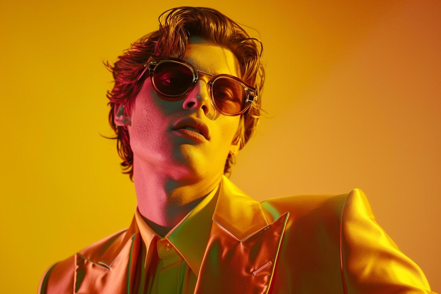 Neon Yellow Retro Futuristic Suit Fashion Model Trendy Male portrait in Chic Lifestyle Setting with Fashionable Background Bold and Modern Look photo