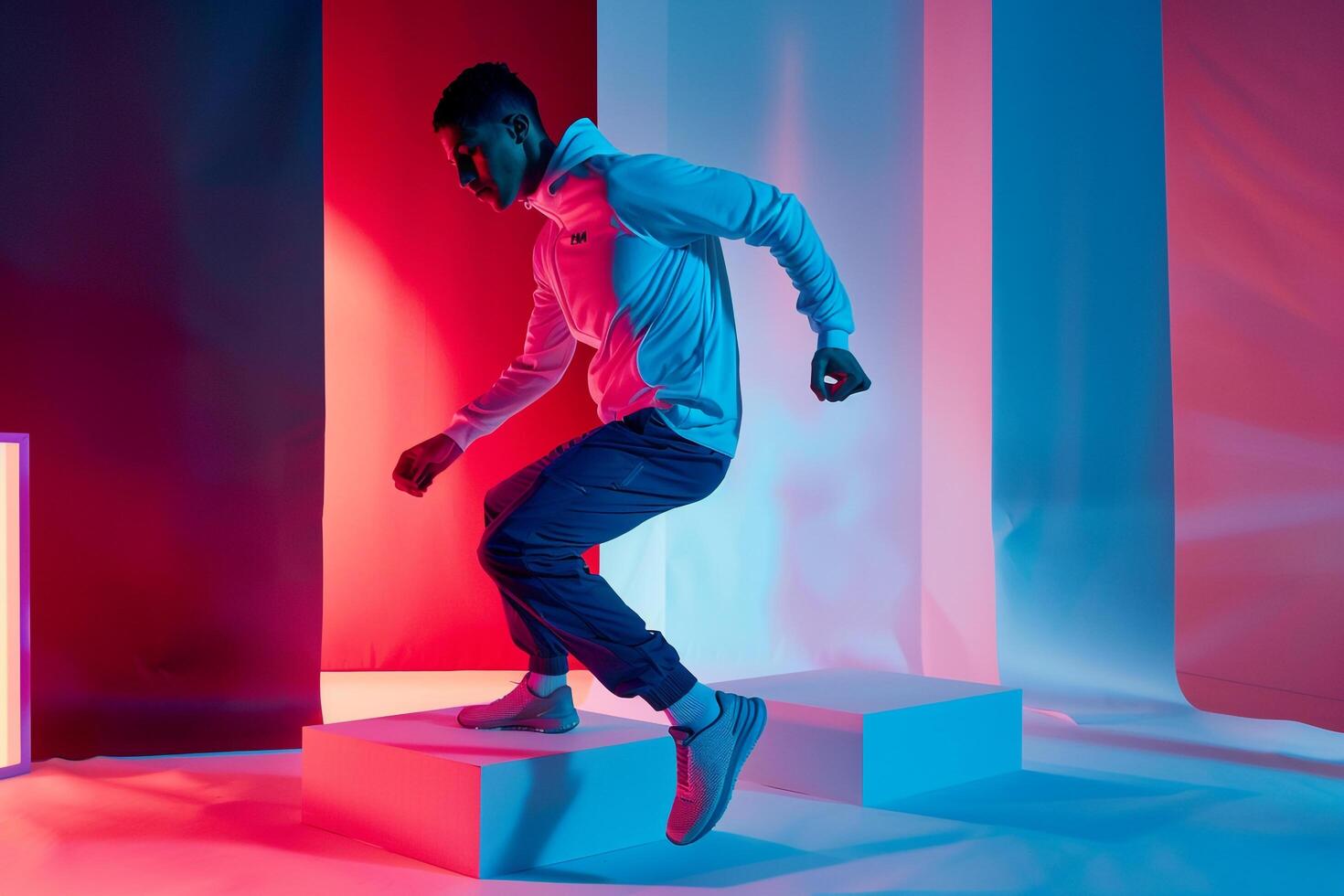 Trendy Male Sportswear Fashion Model Face Motion Lifestyle portrait with Stylish Background Modern and Dynamic Look photo