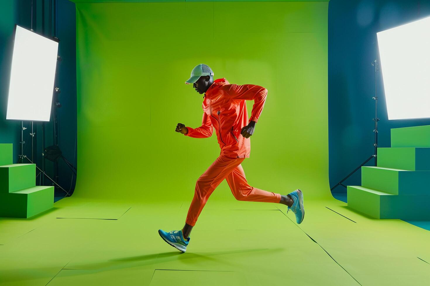 Lime Green Running Gear Fashion Model Trendy Male in Lifestyle portrait with Contemporary Background Stylish and Fashionable Look photo