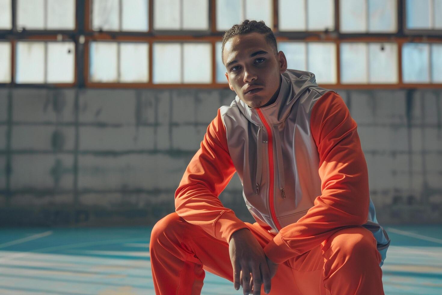 Sporty Tracksuit Fashion Model Trendy Male in Athletic Court Lifestyle Setting with Stylish Background Modern and Dynamic Look photo