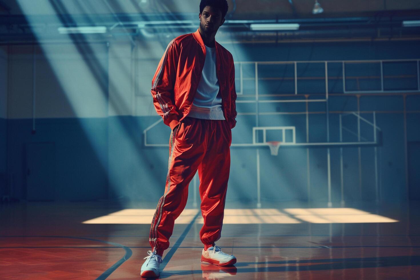 Sporty Tracksuit Fashion Model Trendy Male in Athletic Court Lifestyle Setting with Dynamic Background Contemporary and Stylish Look photo