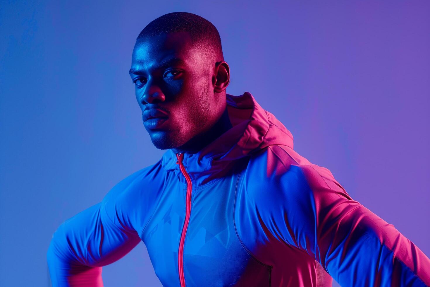 Athletic Wear Fashion Model Trendy Male in electric Blue Lifestyle portrait with Stylish Background Modern and Fashionable Look photo