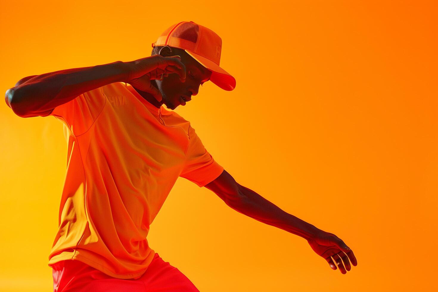 Sportswear Fashion Model Trendy Male in Tangerine Lifestyle portrait with Stylish Background Bold and Modern Look photo